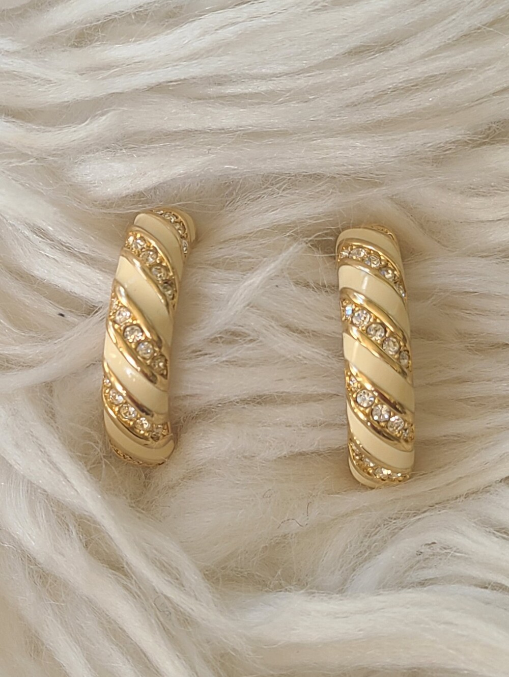 SAL By Swarovski Gold and Cream Twisted Crystal Hoop Earrings- Excellent Conditi